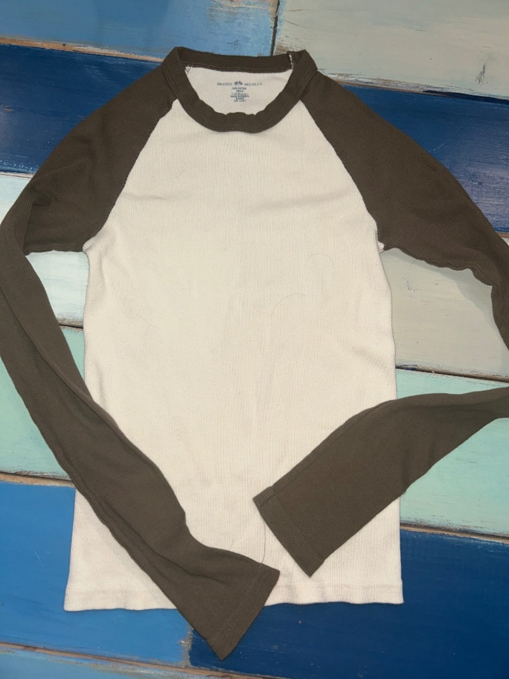 Brandy Melville Ribbed Raglan Long Sleeve Top Cream Brown One Size